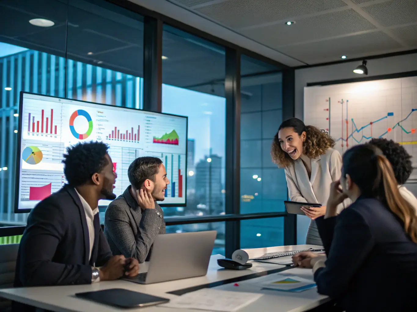 A dynamic image illustrating marketing strategy, featuring a strategic planning session with charts, graphs, and collaborative discussions.