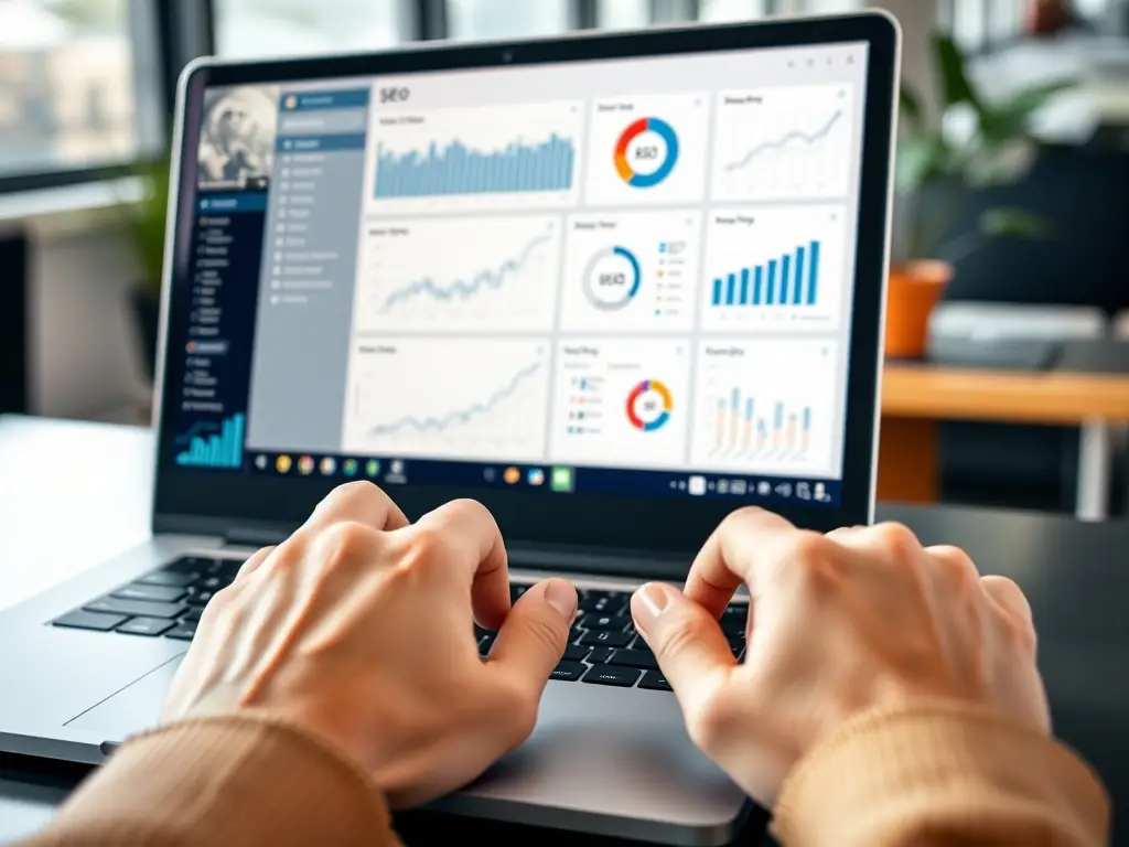 An image showcasing SEO and AI search optimization, featuring a laptop displaying search engine results pages (SERPs) with AI-generated content suggestions and keyword analysis tools.