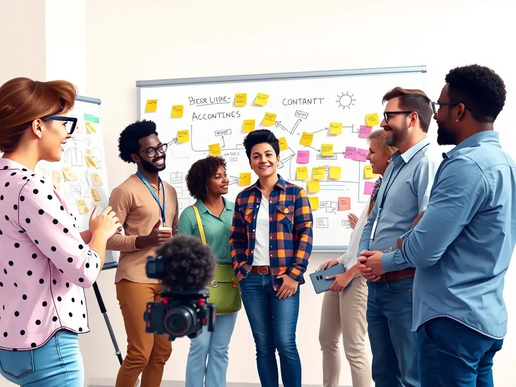 A vibrant image showcasing a team brainstorming marketing strategies in a modern office setting, representing the collaborative approach of the Starter tier.