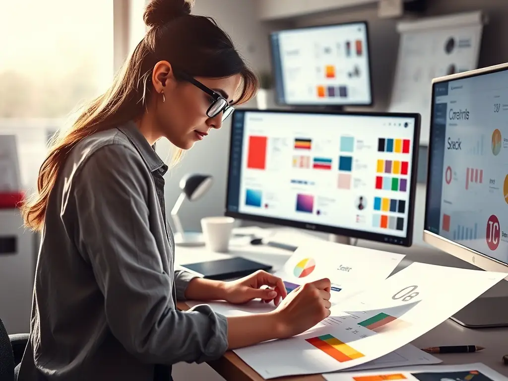 A visually striking image representing brand development, featuring a logo design process with sketches, digital mockups, and color palettes, set in a modern office environment.
