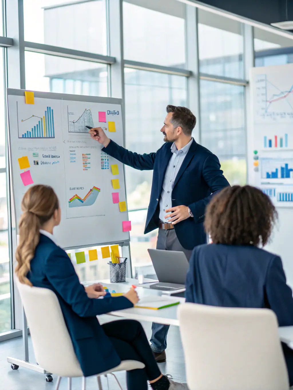 A professional executive leading a strategic meeting, guiding marketing initiatives with data-driven insights.