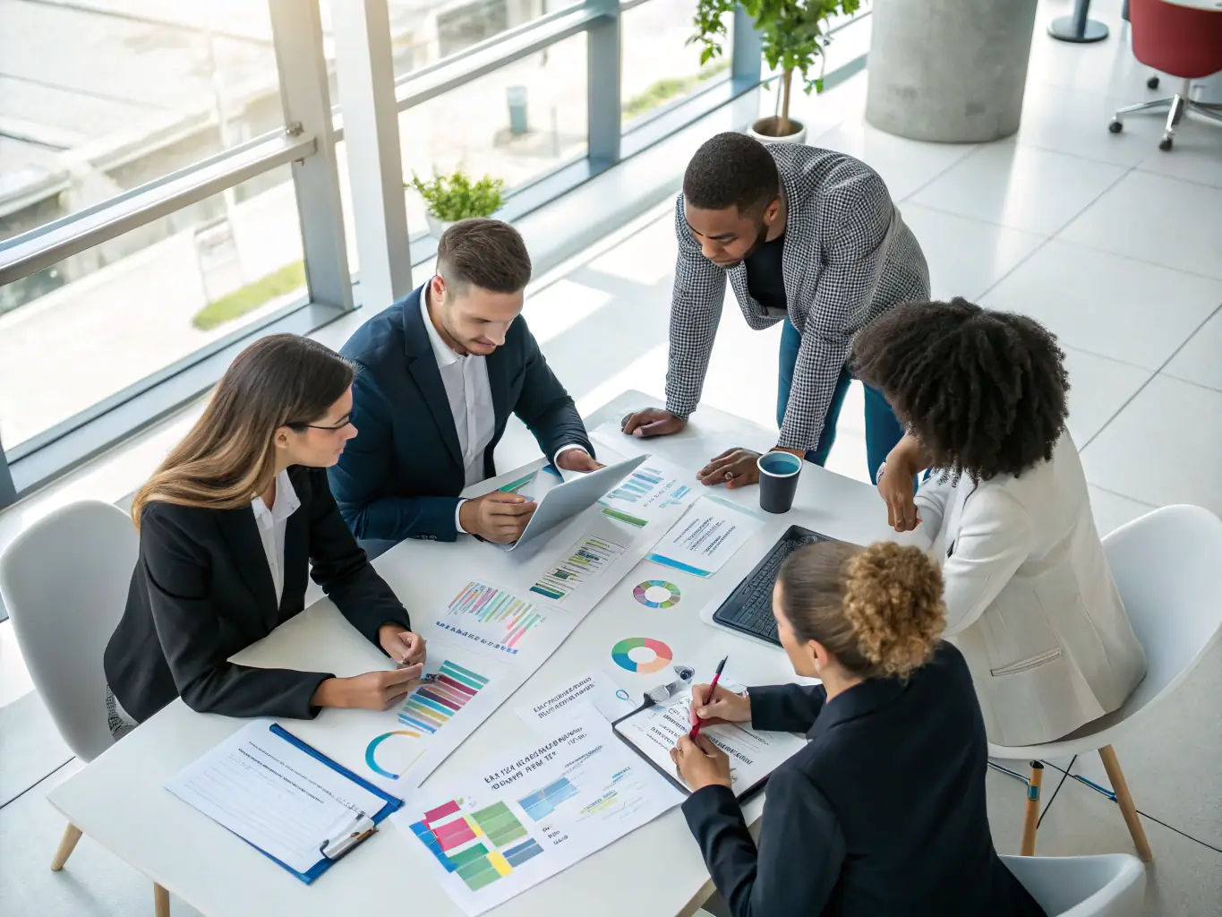 An image representing marketing strategy, featuring a team brainstorming around a table with charts, graphs, and strategic planning documents, set in a collaborative workspace.