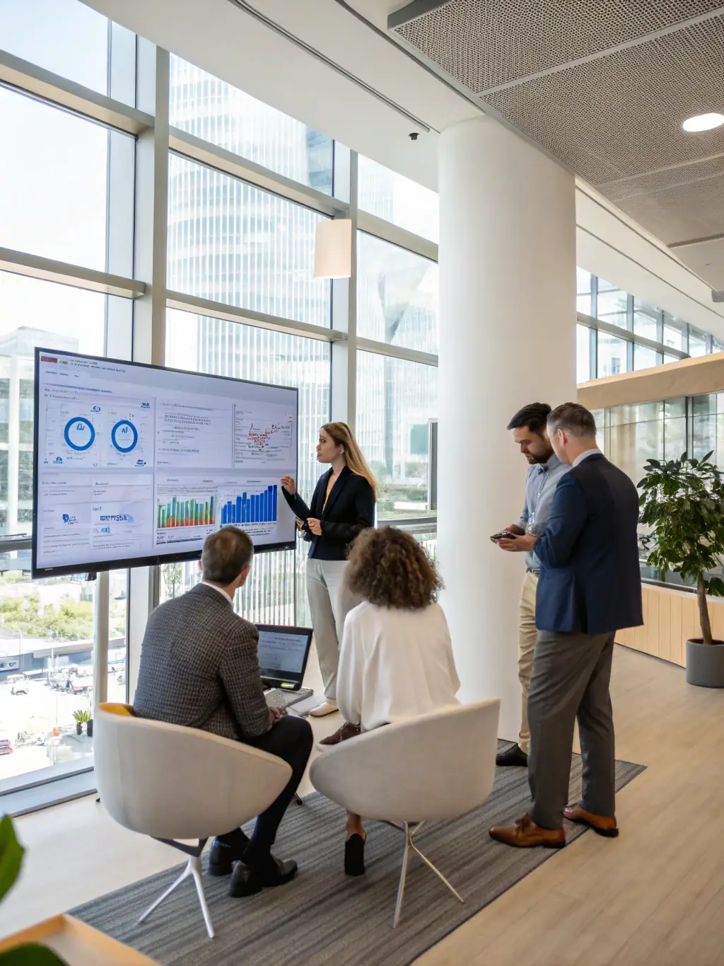 A team collaborating on a marketing strategy, reviewing charts and graphs in a modern office setting.
