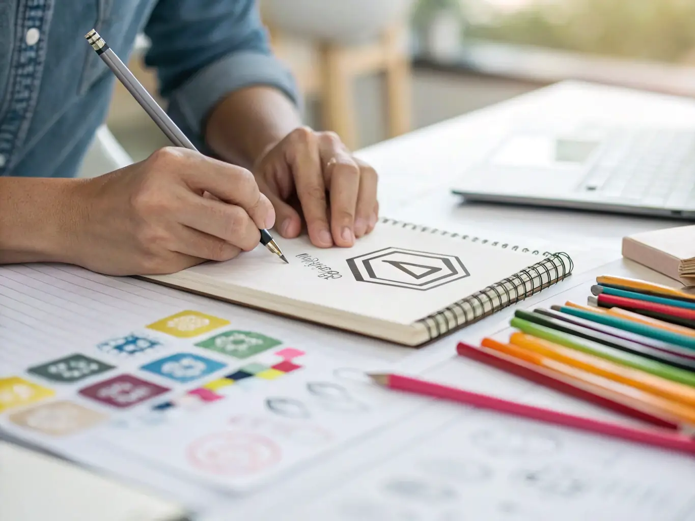 A visually striking image representing brand development, showcasing a logo design process with various iterations and color palettes.