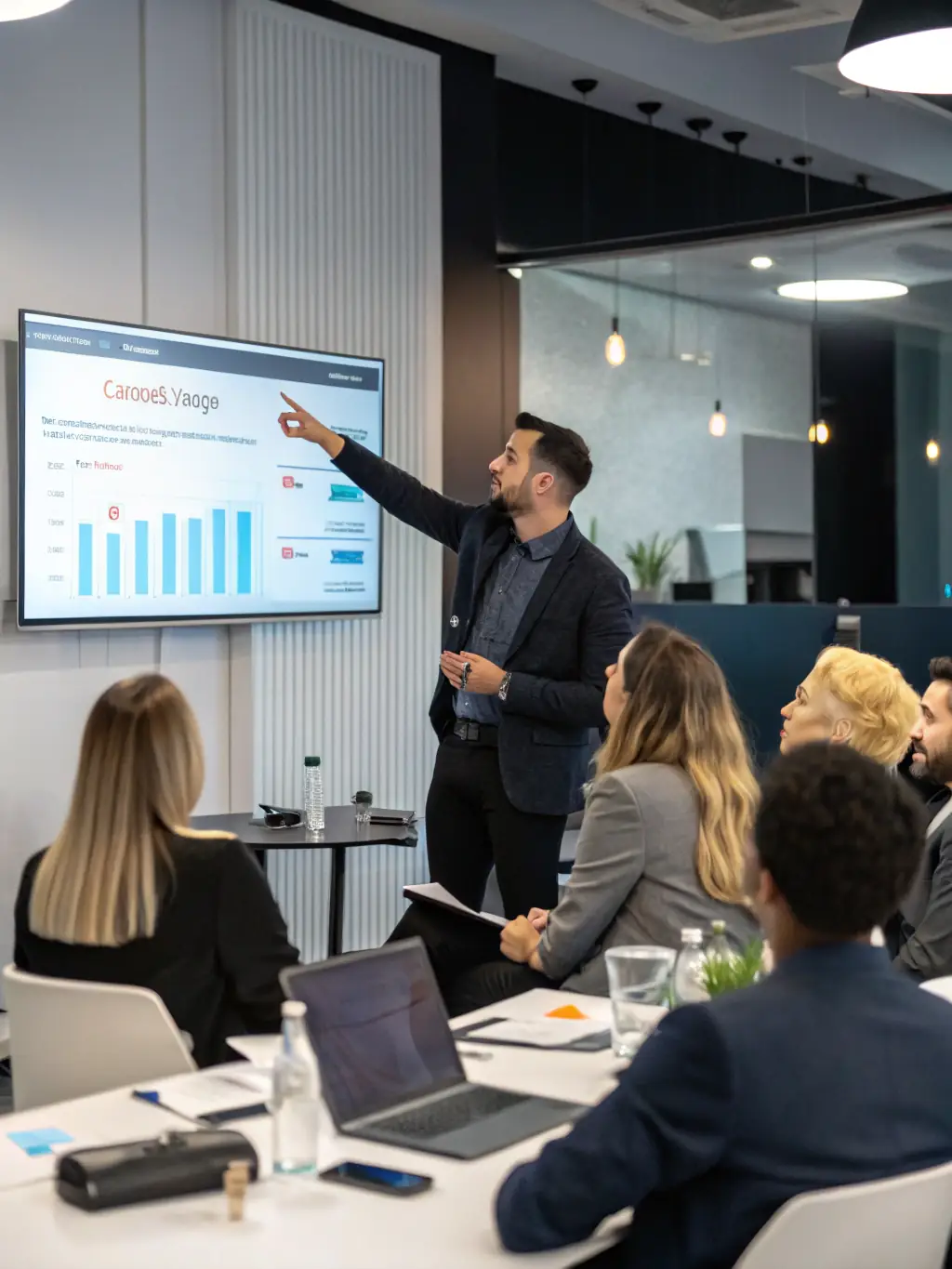 An image of a professional marketing strategist presenting a campaign plan to a team, used to illustrate DemandWerk's Fractional CMO services.