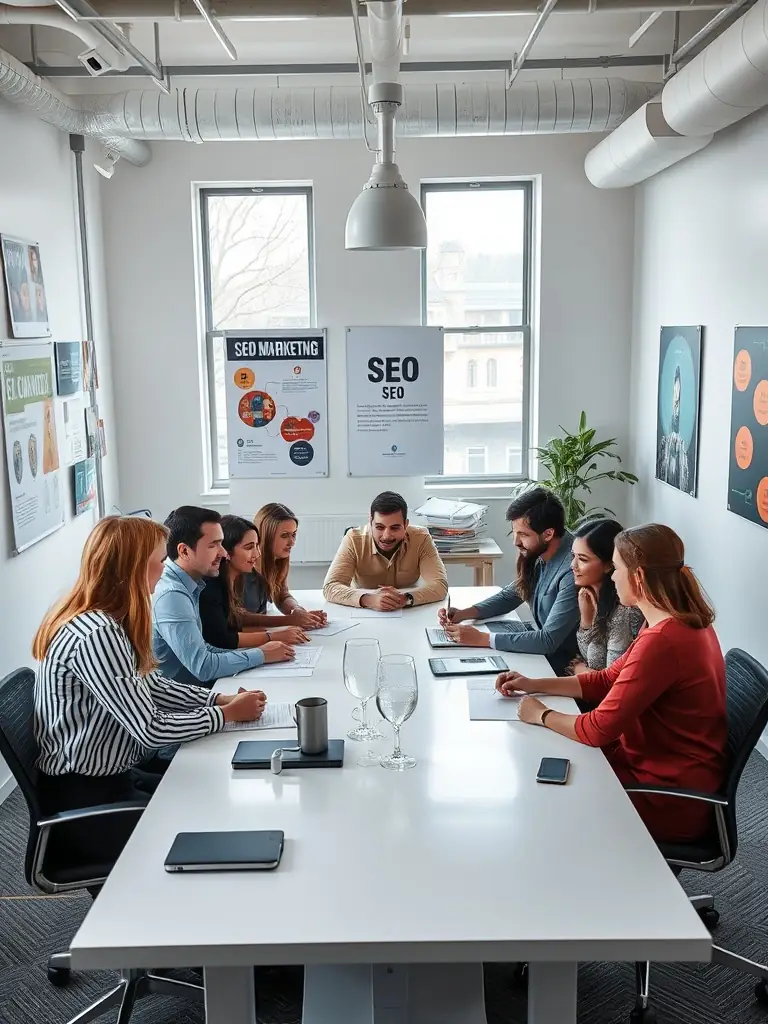 A professional photograph of a team brainstorming SEO strategies in a modern office setting, emphasizing collaboration and data analysis.