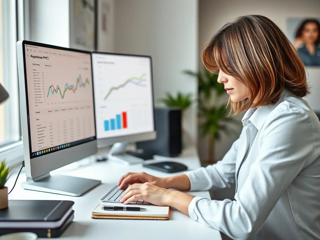 A marketing specialist is managing a PPC campaign dashboard, analyzing ad performance metrics and adjusting bids to maximize ROI and drive targeted traffic to a client's website.
