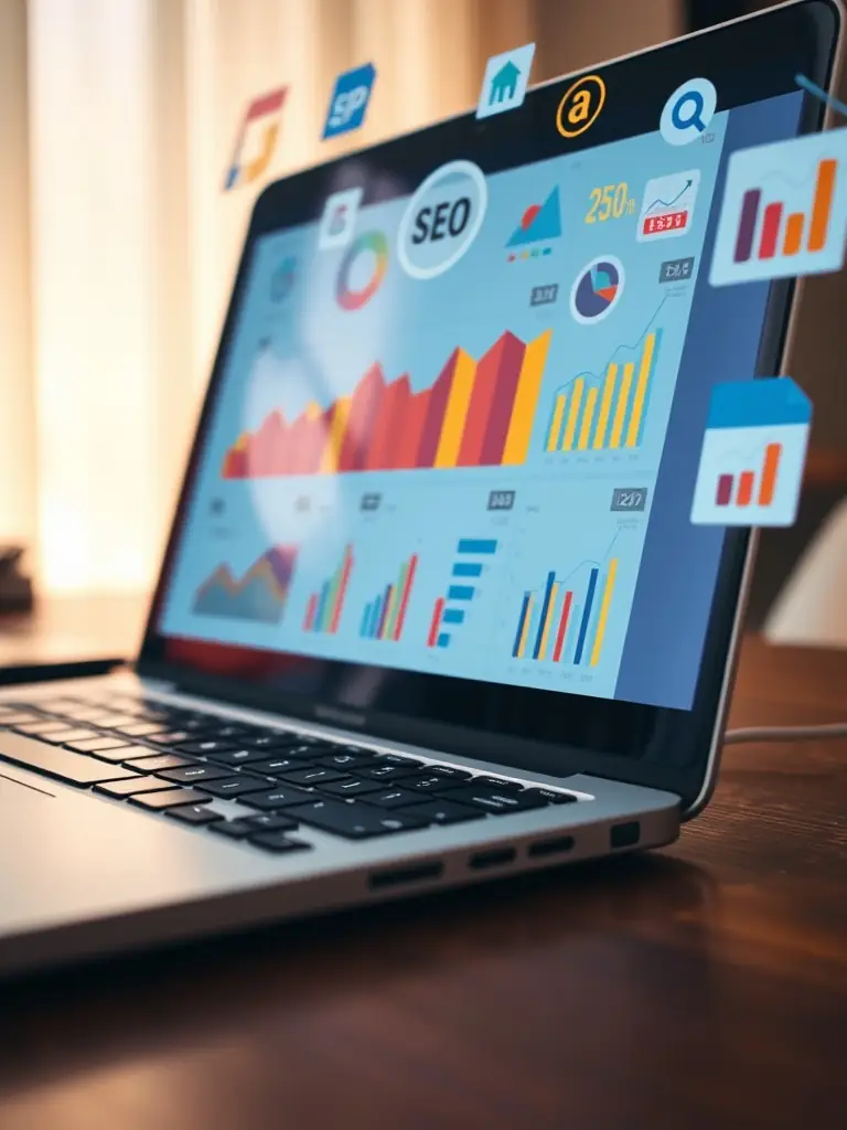 An image showing a graph of rising search rankings and a laptop with SEO analytics dashboard, used to illustrate DemandWerk's SEO services.